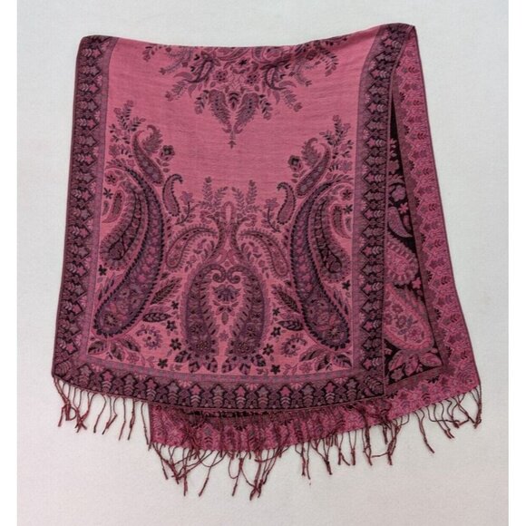 Women's Scarf Wrap Pink Paisley Woven Fringe Rectangle - Picture 2 of 9